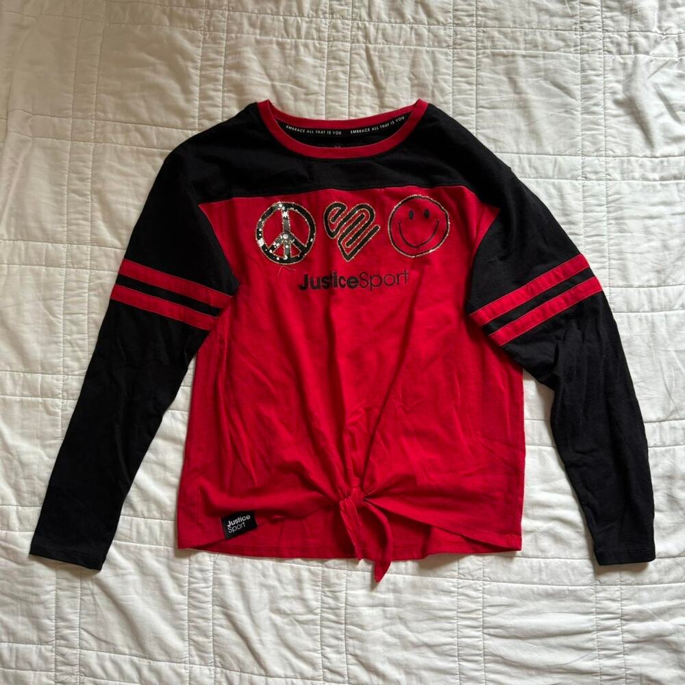 Justice graphic long sleeve t‎ shirt sz large black red sporty glitter casual